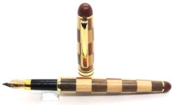 Wood Fountain Pen, Checkered Pattern, Gold Trim, Medium Nib